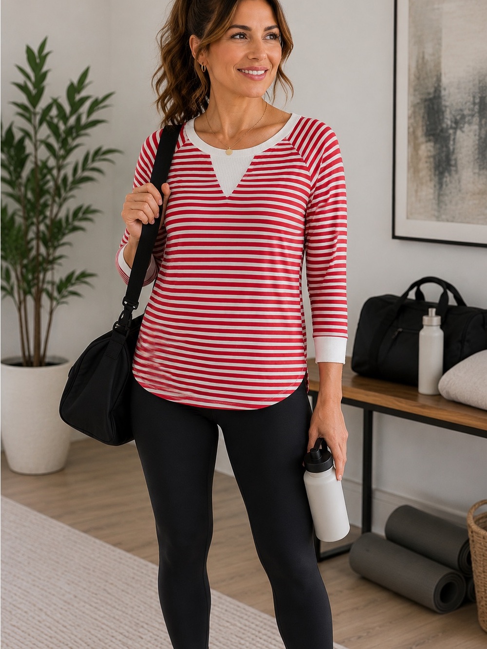 Calvin Klein Performance Womens S Red White Stripe Stretch 3/4 Sleeve Top